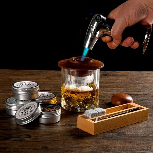 Bourbon, Whiskey Smoker Kit - Cocktail Smoking Kit with Butane Torch, Smoke Top, Whiskey Stones - Apple, Cherry, Oak, Walnut Wood Chips - Premium Wooden Box. No Butane in Saudi Arabia
