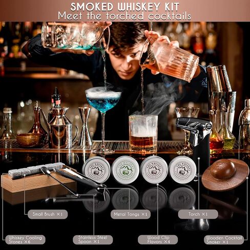 Bourbon, Whiskey Smoker Kit - Cocktail Smoking Kit with Butane Torch, Smoke Top, Whiskey Stones - Apple, Cherry, Oak, Walnut Wood Chips - Premium Wooden Box. No Butane in Saudi Arabia
