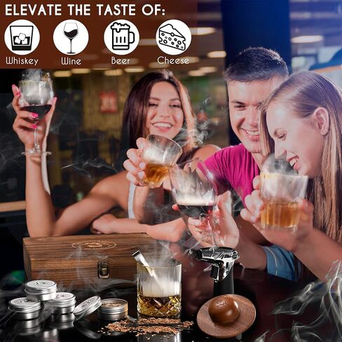 Bourbon, Whiskey Smoker Kit - Cocktail Smoking Kit with Butane Torch, Smoke Top, Whiskey Stones - Apple, Cherry, Oak, Walnut Wood Chips - Premium Wooden Box. No Butane in Saudi Arabia
