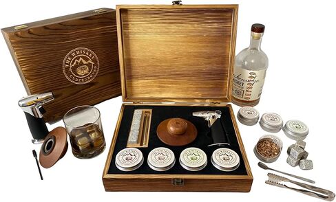 Bourbon, Whiskey Smoker Kit - Cocktail Smoking Kit with Butane Torch, Smoke Top, Whiskey Stones - Apple, Cherry, Oak, Walnut Wood Chips - Premium Wooden Box. No Butane in Saudi Arabia