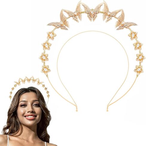 Barode Butterfly Halo Crown Headband Gold Rhinestone Bride Wedding Tiaras Layered Headpiece Floral Bridal Princess Angel Prom Headwear for Women in Kuwait