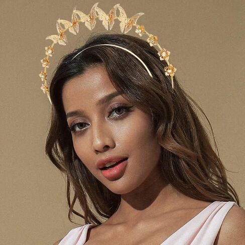Barode Butterfly Halo Crown Headband Gold Rhinestone Bride Wedding Tiaras Layered Headpiece Floral Bridal Princess Angel Prom Headwear for Women in Kuwait