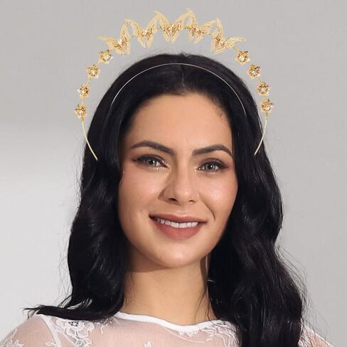 Barode Butterfly Halo Crown Headband Gold Rhinestone Bride Wedding Tiaras Layered Headpiece Floral Bridal Princess Angel Prom Headwear for Women in Kuwait