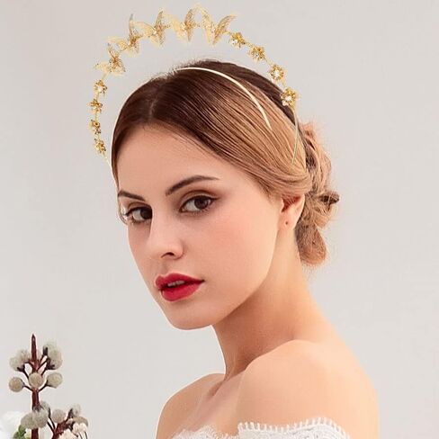 Barode Butterfly Halo Crown Headband Gold Rhinestone Bride Wedding Tiaras Layered Headpiece Floral Bridal Princess Angel Prom Headwear for Women in Kuwait
