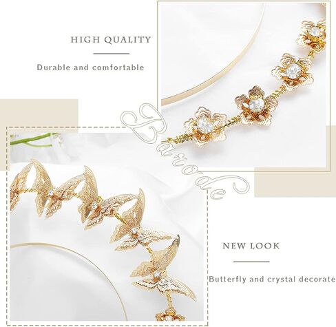 Barode Butterfly Halo Crown Headband Gold Rhinestone Bride Wedding Tiaras Layered Headpiece Floral Bridal Princess Angel Prom Headwear for Women in Kuwait