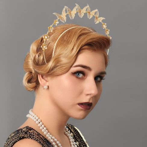 Barode Butterfly Halo Crown Headband Gold Rhinestone Bride Wedding Tiaras Layered Headpiece Floral Bridal Princess Angel Prom Headwear for Women in Kuwait