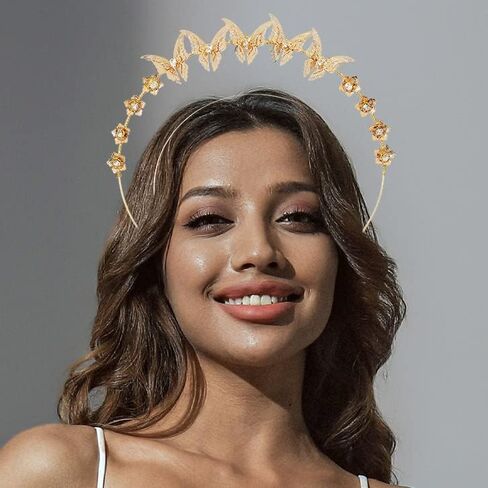 Barode Butterfly Halo Crown Headband Gold Rhinestone Bride Wedding Tiaras Layered Headpiece Floral Bridal Princess Angel Prom Headwear for Women in Kuwait