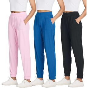 3 Pack: Women's Ribbed Lounge Jogger Cuff Sweatpants with Drawstring & Pockets - Casual Lounge Yoga (Available in Plus)