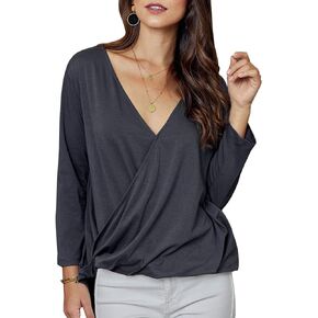 Women's V Neck Wrap Front 3/4 Sleeve Tunic High Low Hem Top Casual Loose Lightweight Blouses Shirts