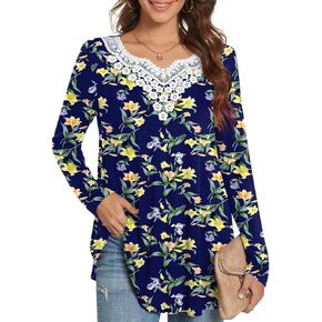 Anydeer Womens Tunic Tops Fashion T-Shirts V-neck Lace Blouses Pleated Tee Casual With Leggings