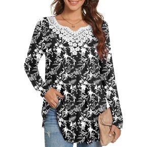 Anydeer Womens Tunic Tops Fashion T-Shirts V-neck Lace Blouses Pleated Tee Casual With Leggings