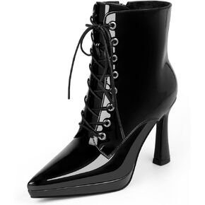 Women's Ankle Boots Pointed Toe Platform Patent Leather Side Zipper Lace Up High Stiletto Heel Booties