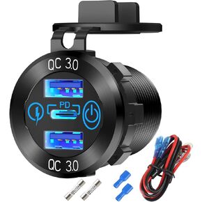 12V USB Aluminum Car Charger Socket PD 3.0 Type C and Dual Quick Charge 3.0 USB Port Multiple Waterproof 12V/24V USB Outlet with Touch Switch Fuse Wire Kit for Car Boat Marine RV Motorcycle, etc.