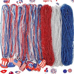 Jexine 200 Pcs 4th of July Beaded Necklaces Bulk 8 Styles Patriotic Bead Pendant Necklace Metallic Red Bule Silver Necklace for 4th of July Independence Day Party Favors Supplies Decorations