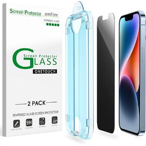 amFilm (2 Pack OneTouch Compatible with iPhone 14/iPhone 13/iPhone 13 Pro Privacy Screen Protector 9H Tempered Glass 6.1" Anti Spy Private Edge to Edge Full Coverage with Easy Installation Kit