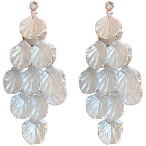Seashell Pearl Flower Tassel Dangle Earrings for Women Girls 925 Sterling Silver Post Pin Long Floral Crystal Charms Statement Drop Dangling Stud Earring Lightweight Birthday Christma Wedding Jewelry Dainty Gifts