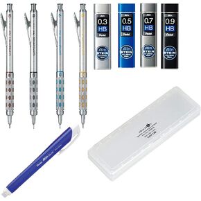 Graphgear 1000 - Four Mechanical Pens Set - 0. 3mm, 0. 5mm, 0. 7mm & 0. 9mm, with Ain Stein Refill Leads, Ain Clic Retractable Pen-type Triangle Eraser and Lihit Lab White Pencase