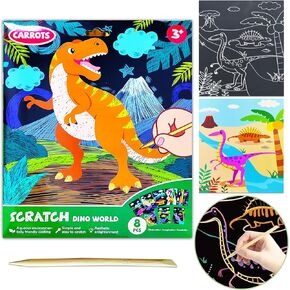 JUNQIU Scratch Art for Kids, Dinosaurs Black Rainbow Scratch Art Paper Set-Arts and Crafts & Supplies, DIY Activity & Party Games, Gifts for Toddlers, Girls & Boys Ages 3, 4, 5, 6, 7, 8