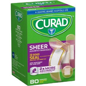 CURAD Sheer Adhesive Bandages, 4-Sided Seal, Assorted Sizes, Advanced Wound Care, 80 Count, Pack of 4