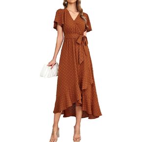 Women 2024 Summer Maxi Dress V Neck Swiss Dot Wrap Belted Ruffle A Line Flowy Boho Wedding Guest Long Dresses