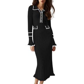 Pink Queen Women's V Neck Bodycon Sweater Dress 2024 Long Sleeve Half Button Slim Fitted Ruffle Ribbed Knit Maxi Pencil Dress