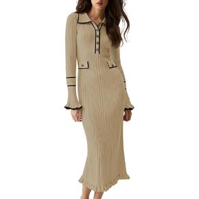 Pink Queen Women's V Neck Bodycon Sweater Dress 2024 Long Sleeve Half Button Slim Fitted Ruffle Ribbed Knit Maxi Pencil Dress