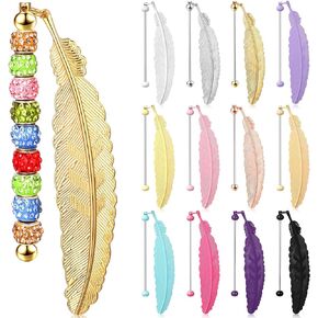 12 Pcs Beadable Bookmark Vintage Feather Metal Bookmark Beading Bookmarks Gifts for Student Office Teacher Birthday Present