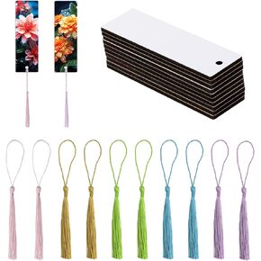 Sublimation Blank Bookmarks 10Pcs Double-Side Heat Transfer Wooden Craft Book Marker with 10Pcs Colorful Silky Tassels for Birthday Wedding Christmas Gift tag Craft Projects (3 * 9.4cm, Rectangle)