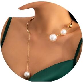 Elegant Metal Big Ball Collar Necklace Pearl Open Clavicle Chain Long Tassel Pearls Pendant Necklace Statement Beaded Link Chain Choker Necklace for Women