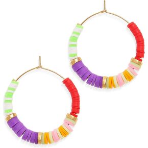 Colorful Clay Gold Beaded Hoop Earrings for Woman, Trendy Handmade Boho Disc Large Circle Huggie Earing Summer Beach Tropical Jewelry Friendship Gifts