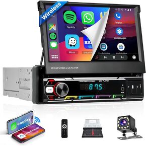 [Upgrade Wireless] Apple Carplay Single Din Radio with Wireless Android Auto, Podofo 7" Manual Foldable Touchscreen Car Stereo with BT5.1 Mirror Link, AM/FM Radio, 2 USB/TF/AUX Port+Backup Camera