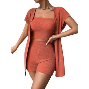Milumia Women's 3 Piece Outfits Knitted Tube Top and Shorts with Short Sleeve Cardigan