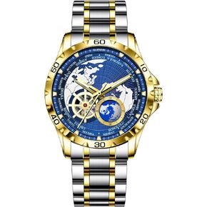 Automatic Watches for Men, Blue Rotating Little Earth Blue Dial Men's Mechanical Watch Luminous Hands, 3ATM Waterproof Steel Strap Stopwatch