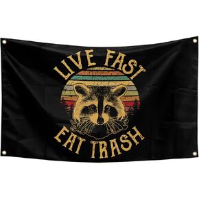 Piwine Live Fast Eat Trash Retro Cartoon Raccoon Pattern Tapestry 3x5 Ft Outdoor Indoor Tapestry for Bedroom Living Room Dorm Wall Decorations, black in Kuwait