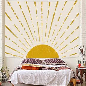 Kanuyee Gold Boho Burning Sun Tapestry Wall Hanging, Retro 70s Abstract Vintage Geometric Line Sunrise Tapestries for Bedroom Living Room Backdrop 36×48 inch