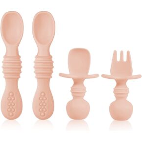 4pcs Silicone Baby Spoons Self Feeding 6+ Months, BPA Free Baby Led Weaning Spoons Training Spoon Toddler Self Feeding Utensils for 6-12 Months Babies (Pink)