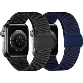 2 Pack Stretchy Nylon Solo Loop Compatible with Kids Apple Watch Bands 38mm 40mm 41mm& 42mm 44mm 45mm, Magnetic Buckle Adjustable Elastic Nylon Strap Replacement for iWatch Series 9/8/7/6/5/4/3/2/1/SE/SE2 Boys Girls