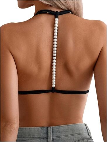 OYOANGLE Women's Pearl Decor Double Shoulder Straps Bikini Top Triangle Halter Solid Bathing Suit Tops in Saudi Arabia