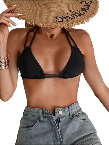 OYOANGLE Women's Pearl Decor Double Shoulder Straps Bikini Top Triangle Halter Solid Bathing Suit Tops in Saudi Arabia