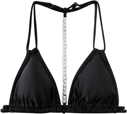 OYOANGLE Women's Pearl Decor Double Shoulder Straps Bikini Top Triangle Halter Solid Bathing Suit Tops in Saudi Arabia