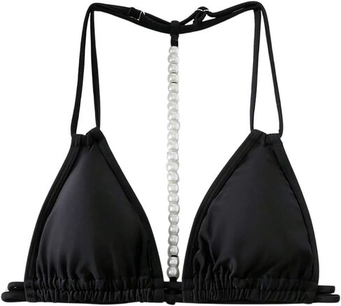 OYOANGLE Women's Pearl Decor Double Shoulder Straps Bikini Top Triangle Halter Solid Bathing Suit Tops in Saudi Arabia