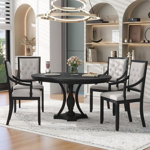 5 Piece Dining Set for 4 Person, Mid-Century Modern Extendable Round 4 Armchairs, Buton Tufted Backrests, Curved Armrests, Kitchen Table& Chairs for Home, Apartment, Liviing Room, Black in Kuwait
