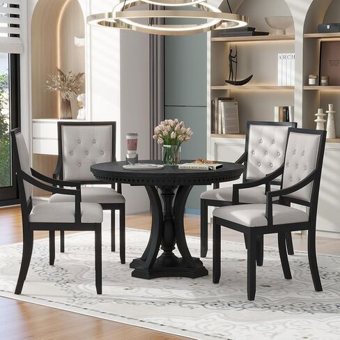 5 Piece Dining Set for 4 Person, Mid-Century Modern Extendable Round 4 Armchairs, Buton Tufted Backrests, Curved Armrests, Kitchen Table& Chairs for Home, Apartment, Liviing Room, Black in Kuwait