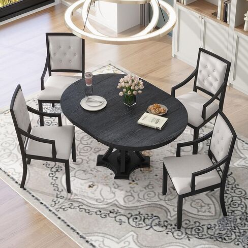5 Piece Dining Set for 4 Person, Mid-Century Modern Extendable Round 4 Armchairs, Buton Tufted Backrests, Curved Armrests, Kitchen Table& Chairs for Home, Apartment, Liviing Room, Black in Kuwait