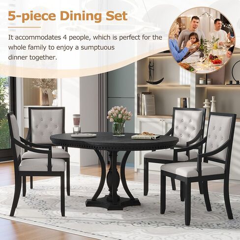 5 Piece Dining Set for 4 Person, Mid-Century Modern Extendable Round 4 Armchairs, Buton Tufted Backrests, Curved Armrests, Kitchen Table& Chairs for Home, Apartment, Liviing Room, Black in Kuwait