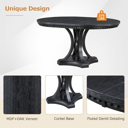 5 Piece Dining Set for 4 Person, Mid-Century Modern Extendable Round 4 Armchairs, Buton Tufted Backrests, Curved Armrests, Kitchen Table& Chairs for Home, Apartment, Liviing Room, Black in Kuwait