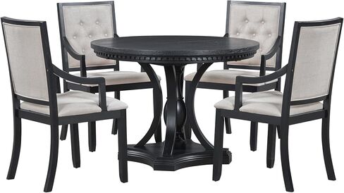 5 Piece Dining Set for 4 Person, Mid-Century Modern Extendable Round 4 Armchairs, Buton Tufted Backrests, Curved Armrests, Kitchen Table& Chairs for Home, Apartment, Liviing Room, Black in Kuwait