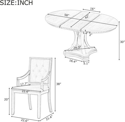 5 Piece Dining Set for 4 Person, Mid-Century Modern Extendable Round 4 Armchairs, Buton Tufted Backrests, Curved Armrests, Kitchen Table& Chairs for Home, Apartment, Liviing Room, Black in Kuwait
