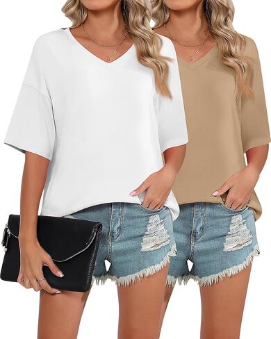 2 Pack Women's Oversized T Shirts, Half Sleeve V Neck Tunic Tops Casual Loose Fit Tees Comfy Plus Size Summer Shirts in Saudi Arabia