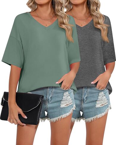 2 Pack Women's Oversized T Shirts, Half Sleeve V Neck Tunic Tops Casual Loose Fit Tees Comfy Plus Size Summer Shirts in Saudi Arabia